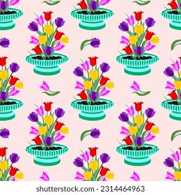 Vector - tulips in a flower bowl seamless pattern