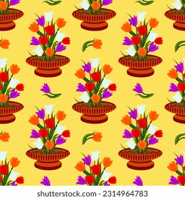 Vector - tulips in a flower bowl seamless pattern