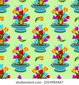 Vector - tulips in a flower bowl seamless pattern