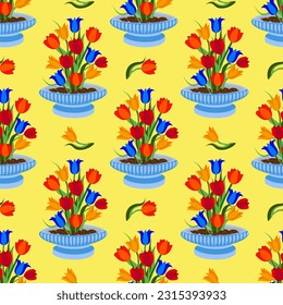 Vector - tulips in a flower bowl seamless pattern