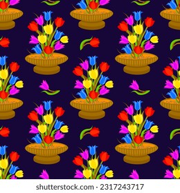 Vector - tulips in a flower bowl seamless pattern