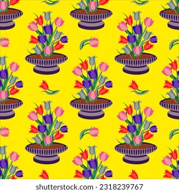 Vector - tulips in a flower bowl seamless pattern