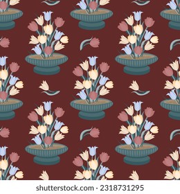 Vector - tulips in a flower bowl seamless pattern