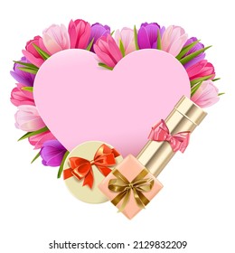 Vector Tulips Heart Concept with Gifts isolated on white background