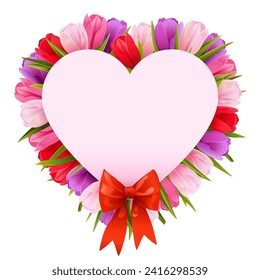 Vector Tulips Heart Concept with Red Bow isolated on white background