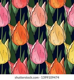 Vector tulips leave wallpaper. Modern abstract floral illustration on dark backdrop. Flower seamless pattern. 