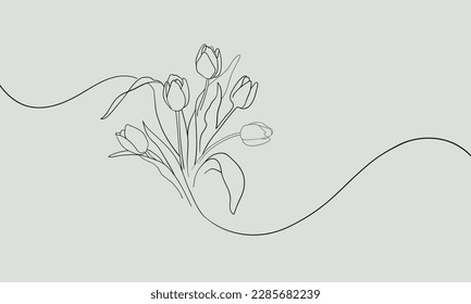 Vector tulips line art on yellow  background. Tulips bouquet outline. Spring flowers