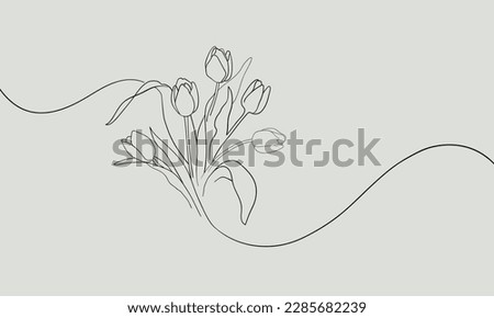 Vector tulips line art on yellow  background. Tulips bouquet outline. Spring flowers