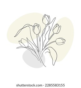 Vector tulips line art with yellow shapes on white background. Tulips bouquet outline. Spring flowers