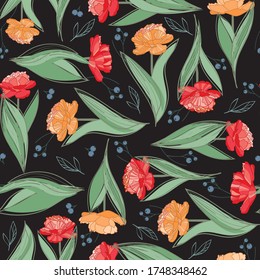 Vector tulips on black background seamless pattern print