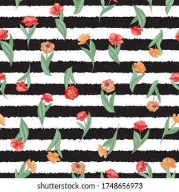 Vector tulips on striped background seamless pattern print