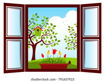 Vector Tulips In Planter In The Window And Trees With Nesting Bird Box Outside The Window