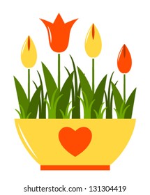 Vektorillustration-Tulpen auf Topf einzeln auf weißem Hintergrund