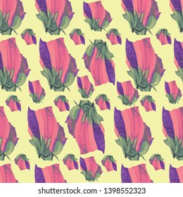 vector tulips seamless pattern in fuchsia, purple and green in a plane cream background.