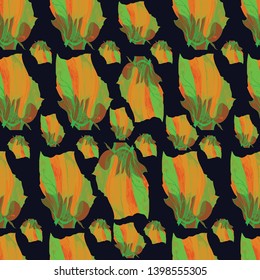 vector tulips seamless pattern in orange, green, light green with a plane black background
