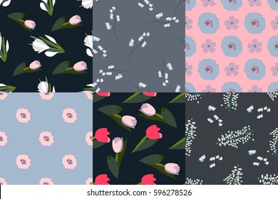 vector tulips and snowdrops, jasmine seamless pattern. floral stylish background