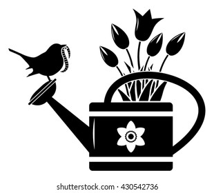 vector tulips in watering can and bird with worm isolated on white background
