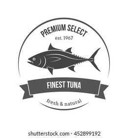 Vector tuna emblem, label. Template for stores, markets, food packaging. Seafood illustration.