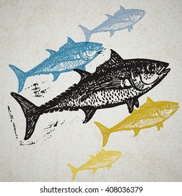 Vector Tuna fishes in abstract composition. Linocut fishes in different colors on the old paper