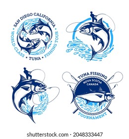 Vector tuna fishing logo. Tuna fish, water splashes and fisherman with a fishing rod illustrations