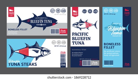 Vector tuna labels and packaging design concepts. Tuna fish illustrations. Flat style seafood labels for groceries, fisheries, packaging, and advertising