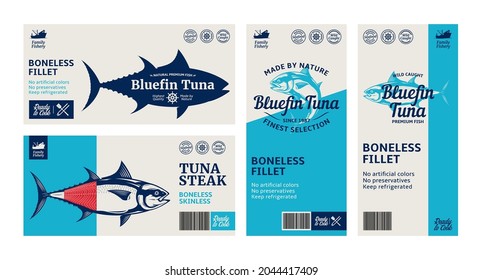 Vector tuna labels and packaging design concepts. Tuna fish illustrations