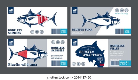Vector tuna labels and packaging design concepts. Tuna fish illustrations