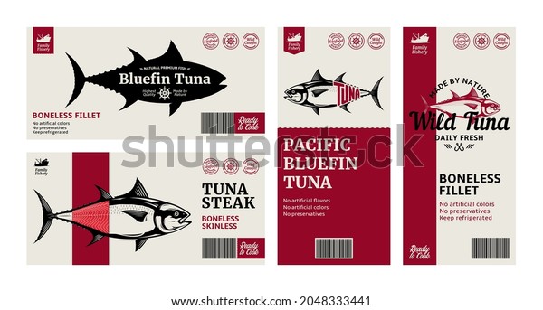 Vector tuna labels and packaging design\
concepts. Tuna fish\
illustrations