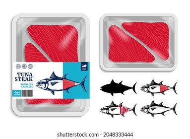 Vector Tuna Packaging Design. Flat Style Seafood Label. Tuna Fish Illustrations. White Food Tray Mockup