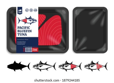 Vector tuna packaging illustration. Flat style seafood label. Tuna fish illustrations. Black food tray mockup