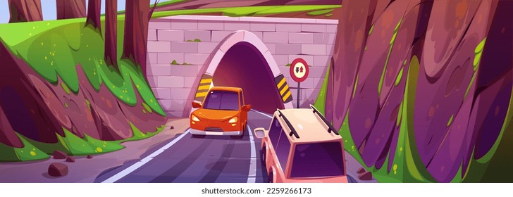 Vector tunnel road with mountain and oncoming car sign. Highway traffic in two way near underground entrance and hill. Countryside landscape with automobiles on pathway, cartoon illustration