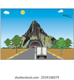 Vector tunnel road with mountain and oncoming car sign. Highway traffic in two way near underground entrance and hill. Countryside landscape with