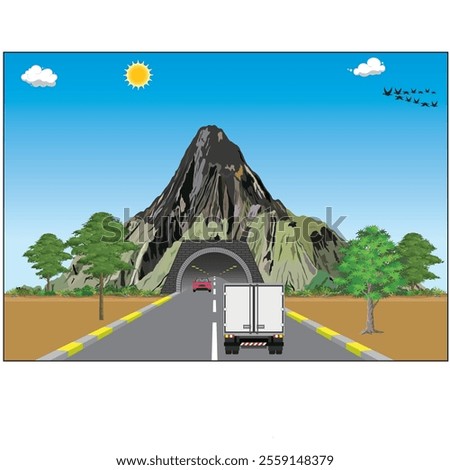Vector tunnel road with mountain and oncoming car sign. Highway traffic in two way near underground entrance and hill. Countryside landscape with