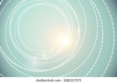 Vector tunnel wire beads spiral structure shining lens flare light effect background. Abstract elegant cyber sci-fi modern swirl wallpaper. Fantastic headline cover concept