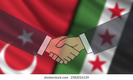 Vector turbid wavy national flags of Turkish Republic and new Syrian Arab Republic. Handshake. Relations between countries. Turkey and Syria. Political economic banner