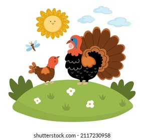 Vector turkey with baby on lawn under the sun. Cute cartoon family scene illustration for kids. Farm birds on nature background. Colorful mother and baby animals picture for children
