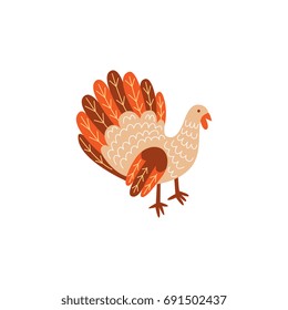 Vector turkey bird flat illustration isolated on a white background. Cartoon symbol of thanksgiving . Sign of autumn, harvest and farming. Healthy , fresh, dieting and natural eating.