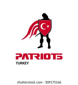 Vector Turkey Flag Patriots Soldier Logo. Mascot Character Design. Memorial Day Army man with Shield. Vector Freedom Leader Logo illustration