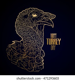 Vector turkey head drawn in line art style. Thanks giving day design element isolated on white background. Holiday art in golden colors