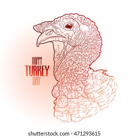 Vector turkey head drawn in line art style. Thanks giving day design element isolated on white background. Holiday art in red colors