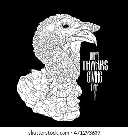 Vector turkey head drawn in line art style. Thanks giving day art isolated on black background. Coloring book page design for adults and kids