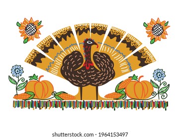 Vector turkey, sunflower, corn and pumpkin drawn with lines and doodles for decorating a postcard, poster or menu. Happy Thanksgiving Day background.
