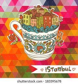 Vector turkish coffee cup on the colorful triangle background.