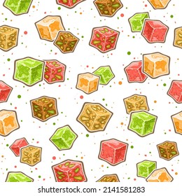 Vector Turkish Lokum seamless pattern, decorative square repeating background with set of cut out illustrations various colorful sugary lokum in cubes shape and turkish delight on white background