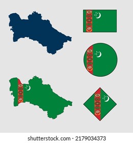 Vector of Turkmenistan country outline silhouette with flag set isolated on white background. Collection of Turkmenistan flag icons with square, circle, rectangle and map shapes.