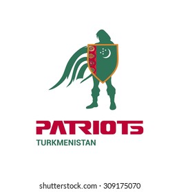 Vector Turkmenistan Flag Patriots Soldier Logo. Mascot Character Design. Memorial Day Army man with Shield. Vector Freedom Leader Logo illustration