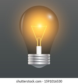 Vector Turning On Light Bulb Icon Closeup Isolated on Gray Background. Light bulb illuminated, realistic vector illustration.The yellow light effect.  Glowing Incandescent Filament Lamps. 