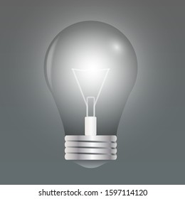 Vector Turning On Light Bulb Icon Closeup Isolated on Gray Background. Light bulb illuminated, realistic vector illustration.The effect of light.  Glowing Incandescent Filament Lamps. 