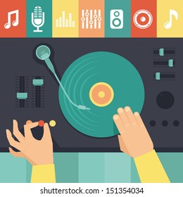 Vector turntable and dj hands - music concept in flat retro style