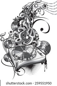 Vector turntable on graffiti background